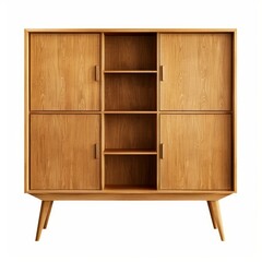 Stylish wooden sideboard combining open shelves and closed compartments, showcasing minimalist design aesthetics