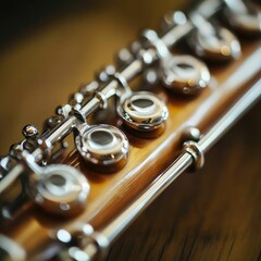 Obraz premium Close-up of a wooden flute's keys.