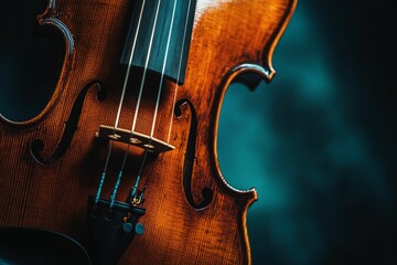 Close-up of a violin's body and strings.
