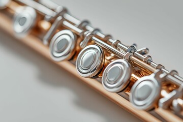Closeup of a silver flute's keys.