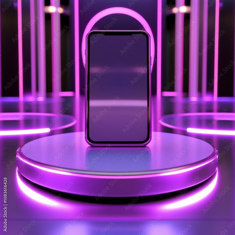 Poster a smartphone sits on a purple platform floating in the air. the background has glowing purple circle