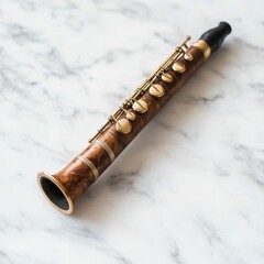 Obraz premium Wooden flute with gold keys on marble.
