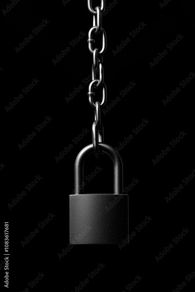 Poster a stark image of a padlock hanging on a chain, symbolizing security and confinement in a digital age
