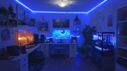 Fototapeta premium Modern Gaming Setup with Blue LED Lights and a Glass-Panel PC