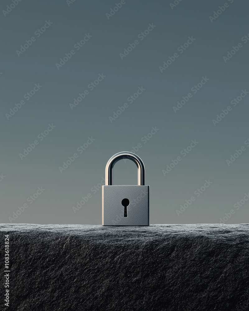 Poster a close-up image of a metallic padlock on a textured surface, symbolizing security and protection.