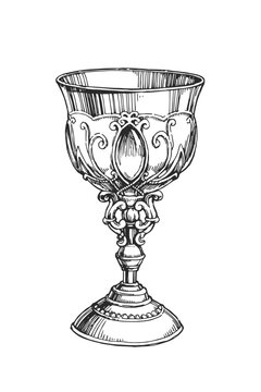 Vector hand-drawn illustration of medieval cup in engraving style. Black and white sketch of antique goblet isolated on white.