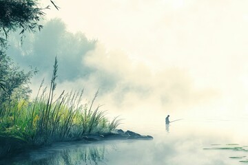 Obraz premium A lone fisherman casts a line in a misty lake.