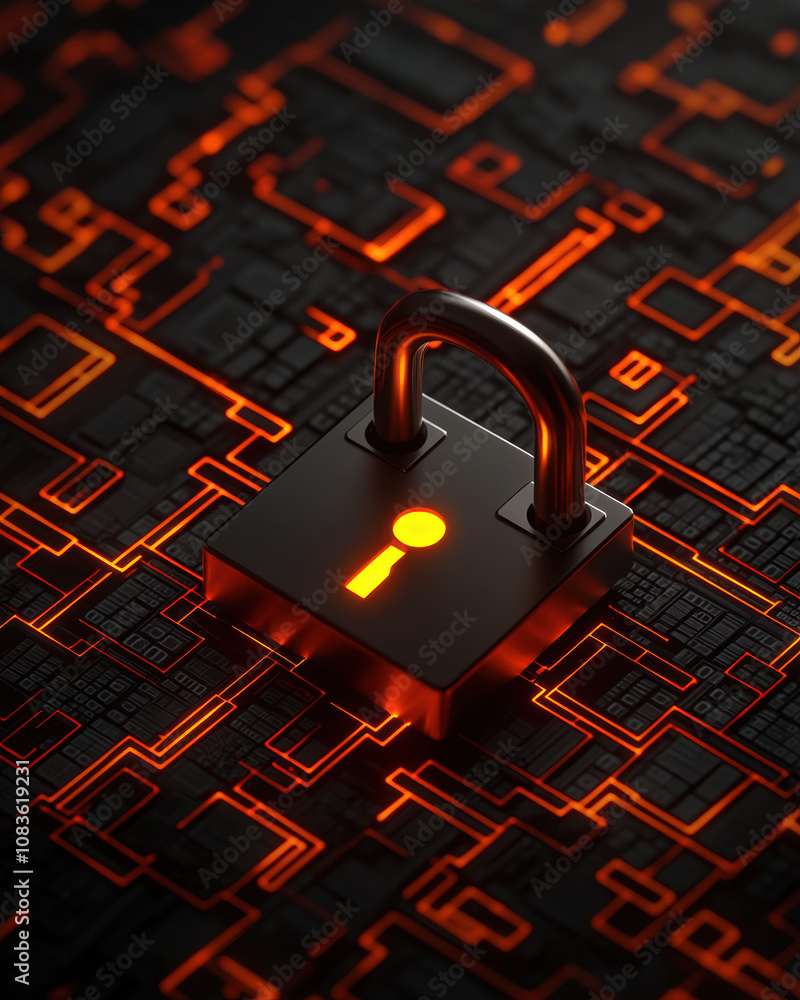 Poster a glowing padlock symbolizing security in a digital landscape with intricate circuit designs.