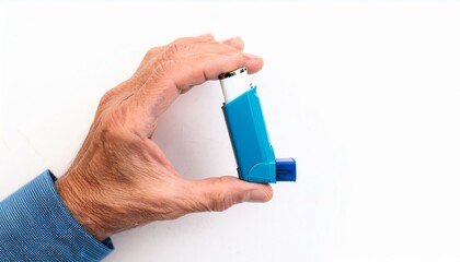 Hand Holding Inhaler:  Close-up of a hand holding an inhaler, a symbol of respiratory health and relief from breathing difficulties. It evokes a sense of care, support.