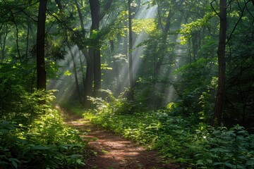 Obraz premium A serene forest path illuminated by sunlight filtering through the trees.