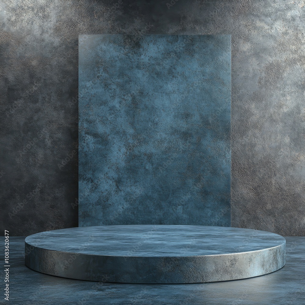 Poster A simple, 3D design with an empty space for showcasing a product. It features a platform with a textured background.