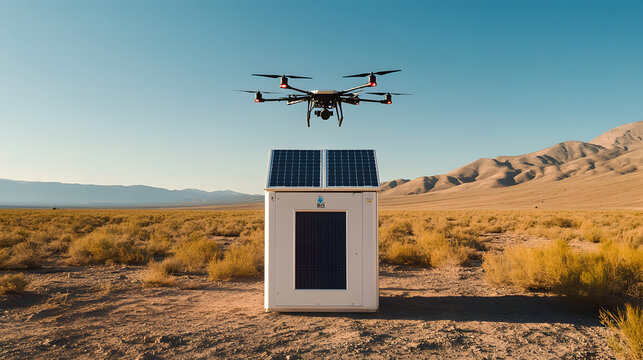 A solar-powered charging station for drones that uses solar panels to generate electricity, offering a clean energy solution for charging drone batteries in remote areas.
