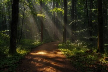 Obraz premium A serene forest path illuminated by sunlight breaking through the trees.