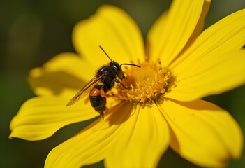 A close-up view of a black and yellow wasp or hornet drinking nectar from a yellow flower
