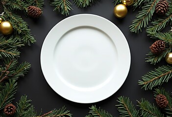 A white plate on a dark background surrounded by Christmas decorations including pine branches, pine cones, and gold ornaments