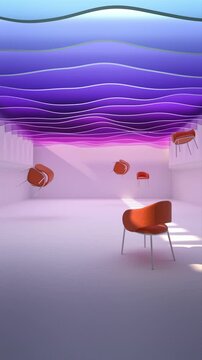 Parametric interior design in a vertical format, Looping animation, 3k 60 FPS, chairs levitating in air.