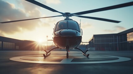 Close up of a helicopter on a helipad with the sunlight in the background, a luxury transportation vehicle