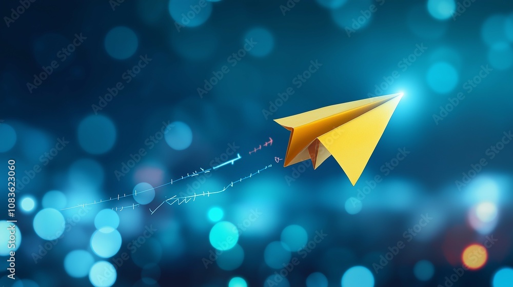 Poster bright yellow paper airplane soaring through a soft focus blue background with light bokeh effects a