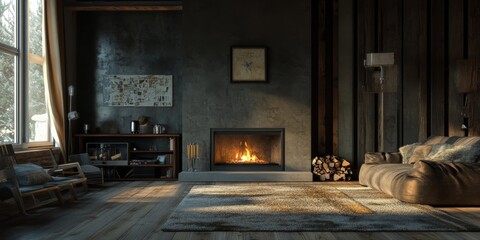 A cozy, rustic living room with a fireplace. The walls are made of dark concrete, giving the space a modern, minimalist feel