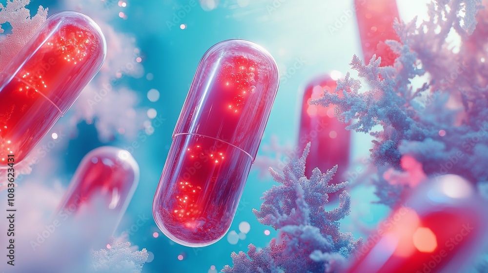 Poster vibrant red capsules floating among ethereal coral-like structures in an underwater or abstract envi