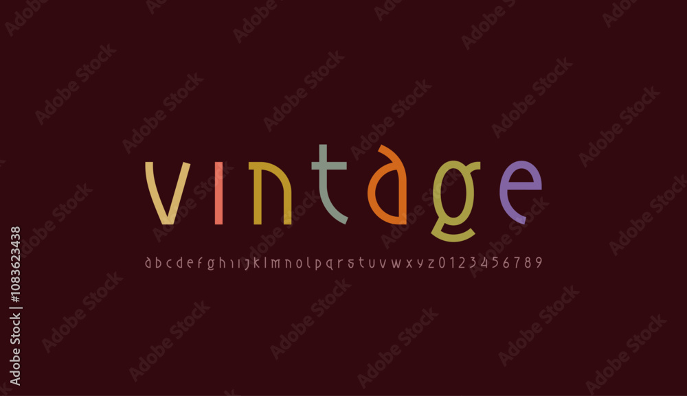 Poster modern art font lowercase alphabet made retro style, trendy letters from a to z and numbers from 0 t