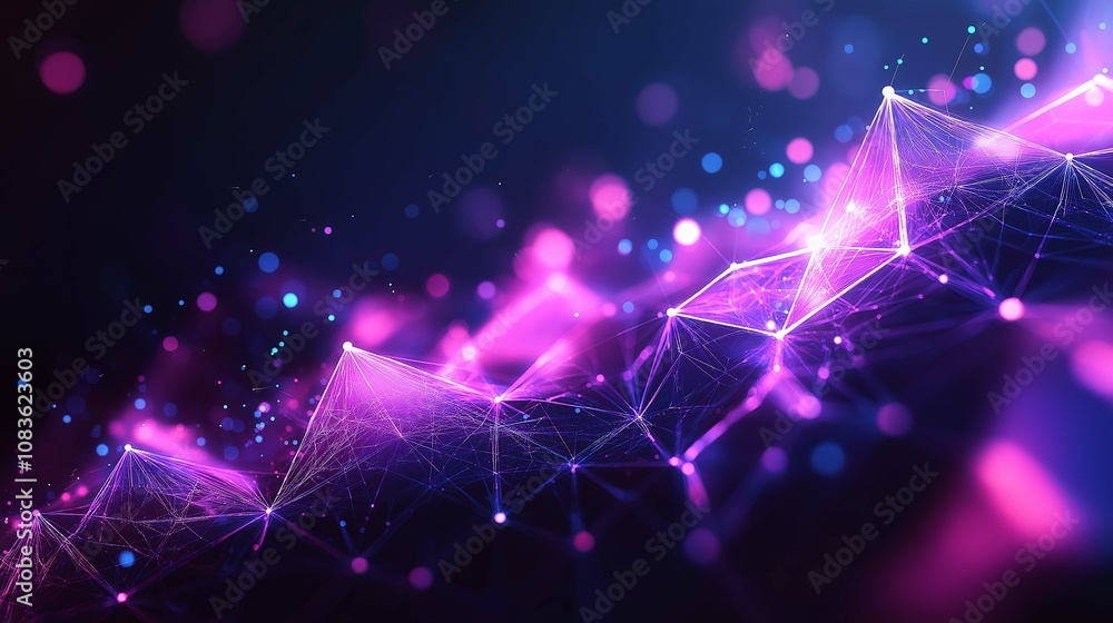Poster abstract futuristic background featuring vibrant purple and blue lights in a digital landscape with 