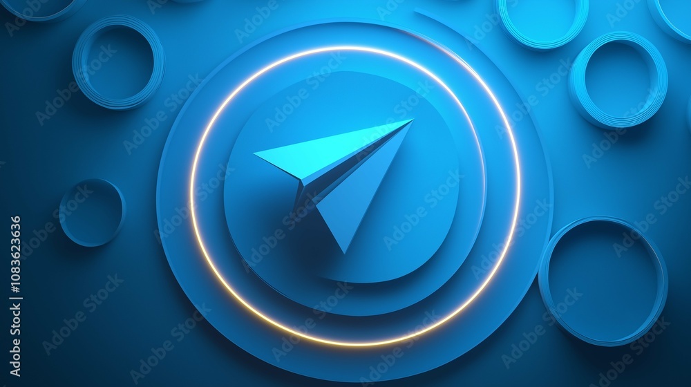 Poster minimalist blue circular design featuring an airplane icon with soft lighting and textured backgroun