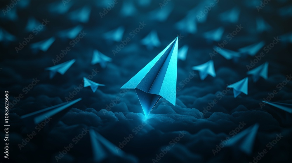Aufkleber blue paper airplanes flying above clouds in a dreamy abstract environment with soft lighting and dep