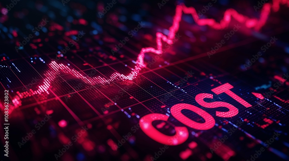 Poster abstract digital financial visualization depicting cost fluctuation with trend line and data points 