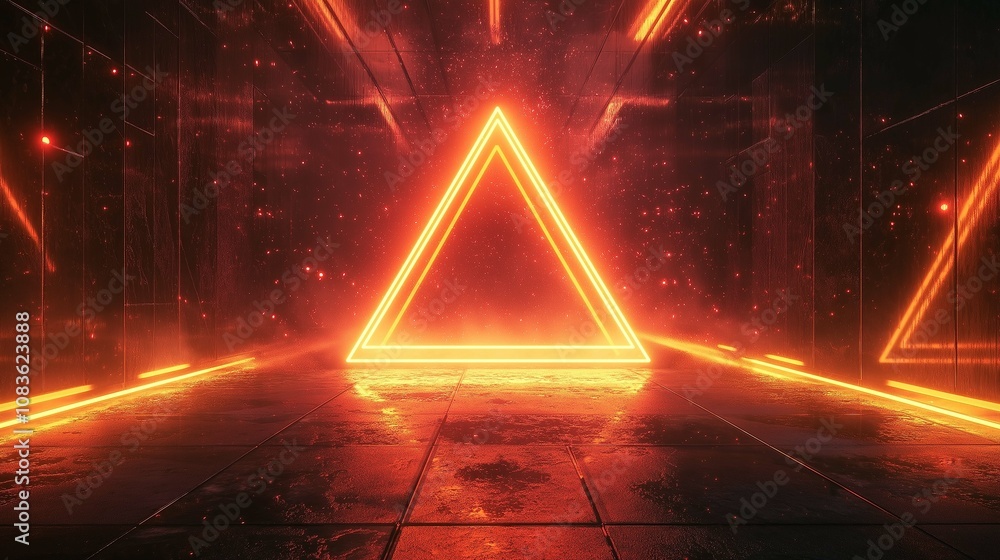 Poster futuristic neon triangle gate in dark reflective environment with glowing lights creating an atmosph