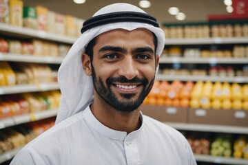 Fototapeta premium Close portrait of a smiling young Emirati male grocer standing and looking at the camera, Emirati grocery store blurred background