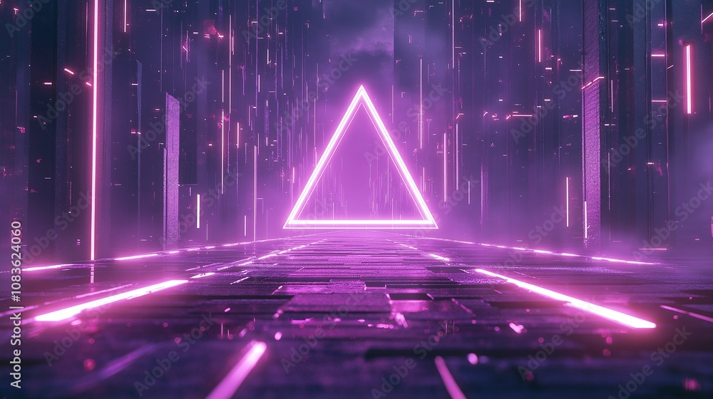 Poster futuristic neon landscape with glowing pink triangle and luminous pathway surrounded by abstract str