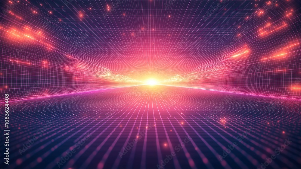 Poster abstract digital landscape with glowing lights and vibrant colors creating a sense of depth and moti