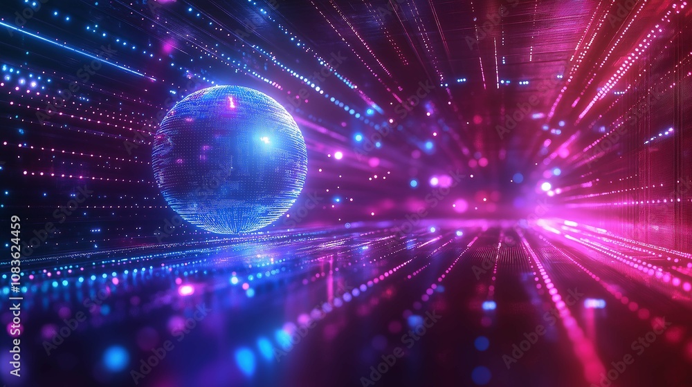Aufkleber futuristic abstract landscape with vibrant lights, glowing particles, and a luminous sphere creating