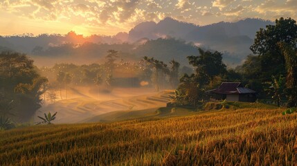 Fototapeta premium Serene Sunrise Over Rice Terraces in Village Landscape
