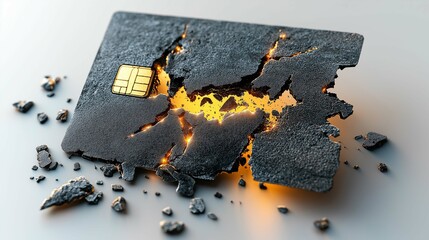 Cracked SIM Card with Glowing Interior on a Reflective Surface, Symbolizing Data Loss and Technology Breakdowns in the Digital Age