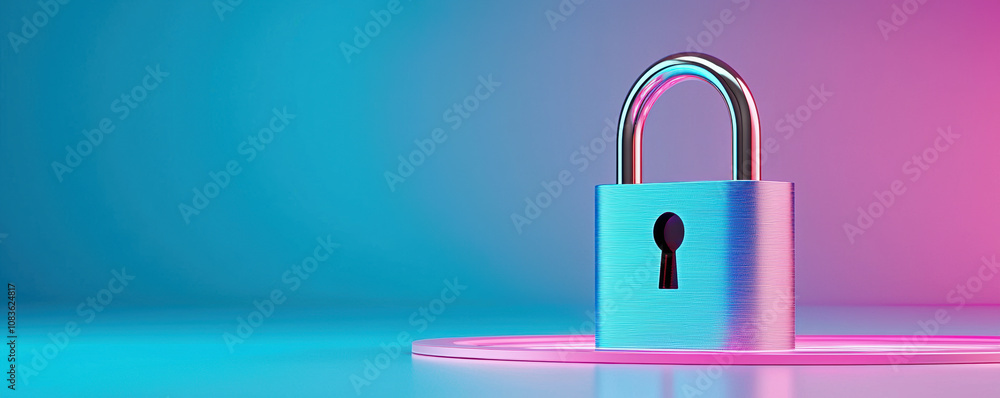Poster a modern padlock against a colorful gradient backdrop symbolizing security and privacy.