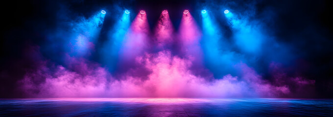 Fototapeta premium The Stage is Illuminated with Blue and Purple Spotlights, Enhancing the Dramatic and Vivid Atmosphere for a Theatrical or Musical Event