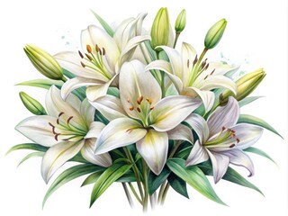 Obraz premium White Lily Flower Bouquet Watercolor Illustration on Transparent Background for Elegant Decor and Floral Design