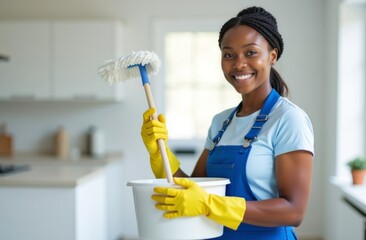 woman cleaning service worker in yellow gloves