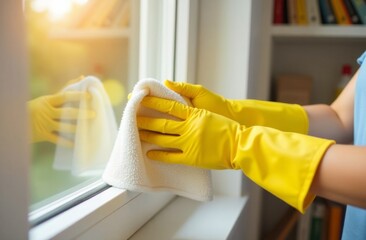 Close up woman hands in yellow gloves with white cleaning cloth