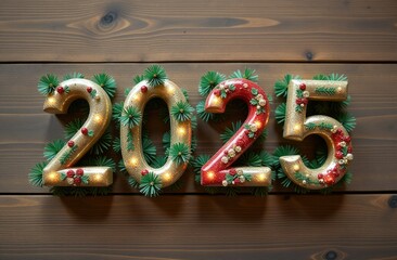 Top down view of small volumetric letters "2025" made from Christmas tree decorations on a wooden table