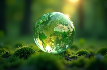 Glowing glass planet earth on green natural background, ecology concept