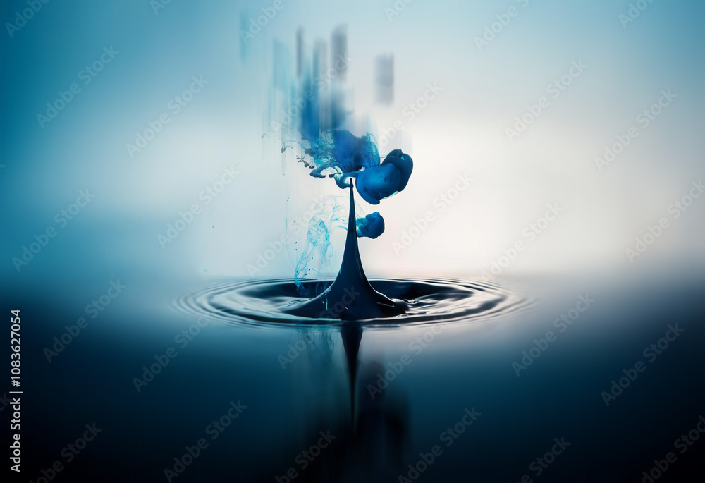 Poster a single drop of blue liquid creates a mesmerizing explosion upon impact with the surface of a still