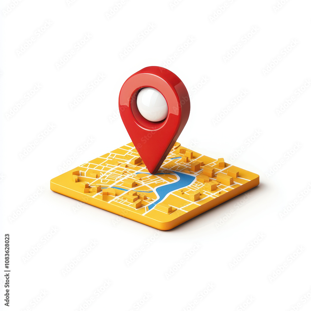 Poster bright and modern map pin icon on a 3d yellow map tile with river design, perfect for navigation, tr