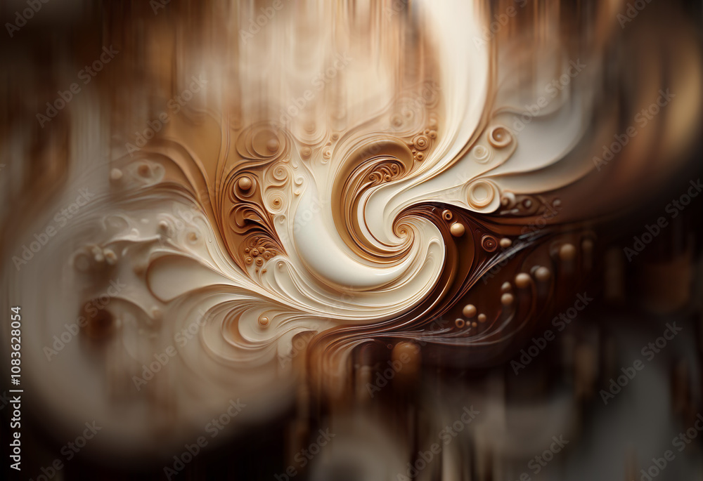 Poster Swirling cream and coffee blend in an abstract, fractal pattern.  The image evokes feelings of warmth and richness with its intricate details and smooth transitions between light and dark tones.