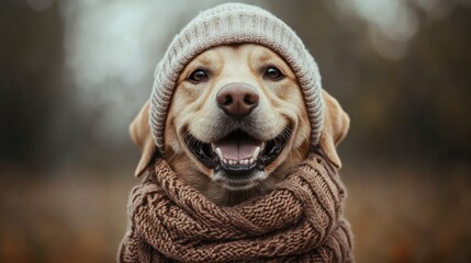 Fototapeta premium A Golden Retriever Wearing a Knit Hat and Scarf