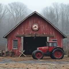Obraz premium A red tractor parked in front of a weathered red barn in a misty forest.