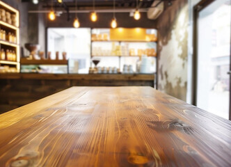 Fototapeta premium Empty wooden table in front of abstract blurred background for displaying products in a coffee shop