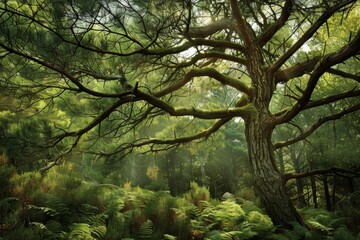 Lush forest scene with a large tree and sunlight filtering through the foliage.